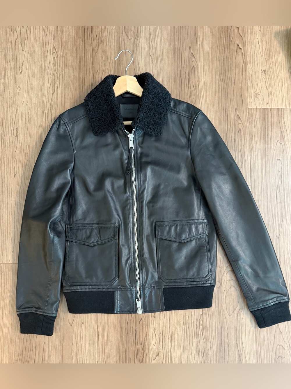 AllSaints Black Leather Bomber Jacket with Sherpa Collar Small
